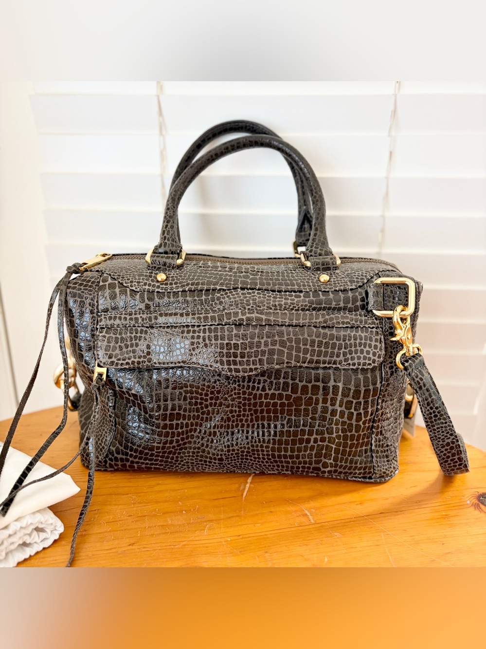 Rebecca Minkoff Olive Gray Croc Embossed Leather Satchel Bag w/ Dust Bag